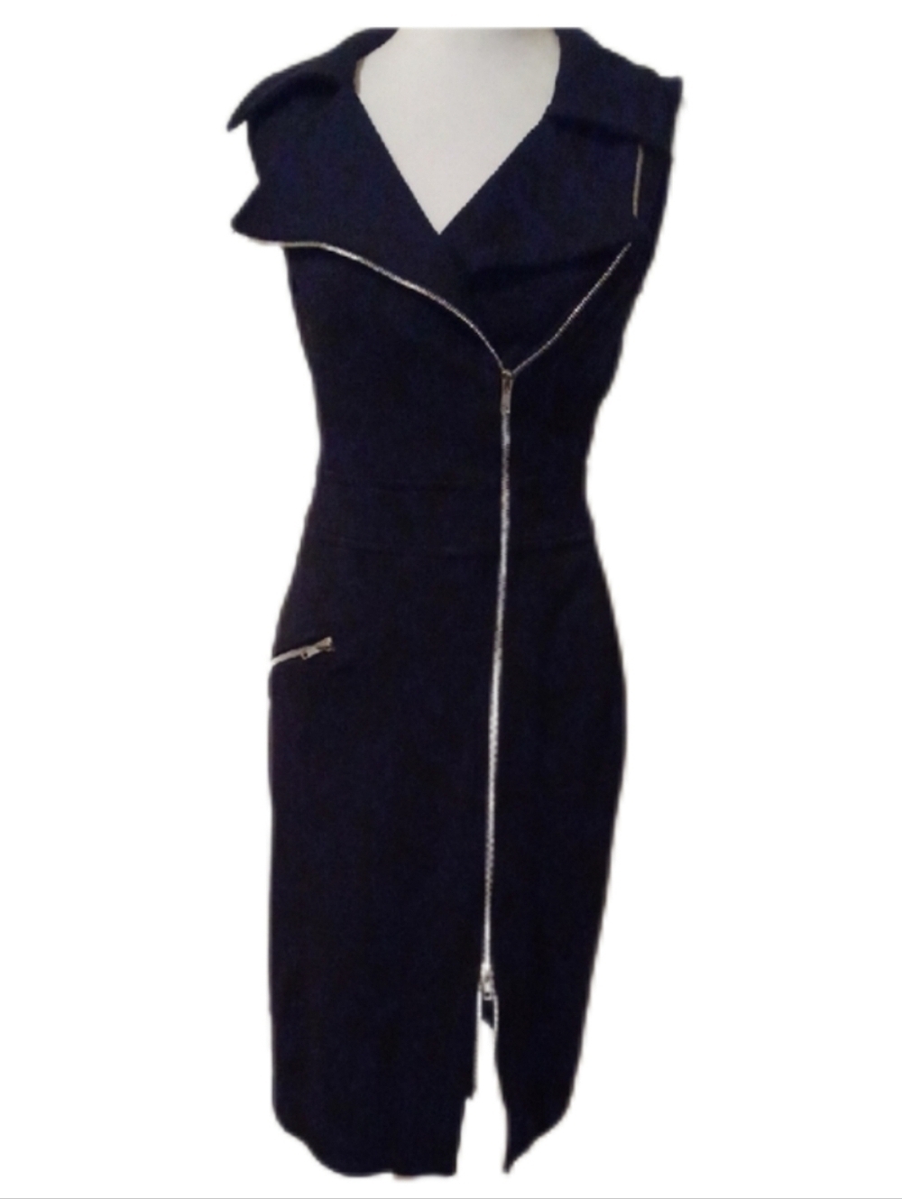 << Cache  Sleeveless Midi Dress with Asymmetrical Silver Zippers Women's Size 4